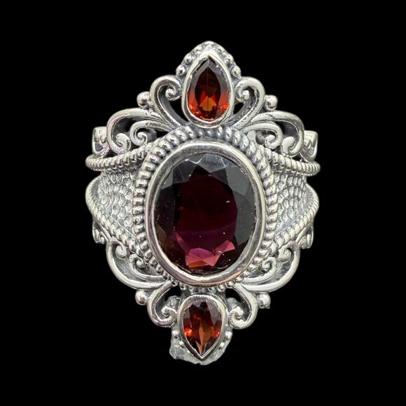 Natural Rhodolite Red Garnet Ring Hammered 925 Sterling Silver Size 7 Handmade - Picture 4 of 8